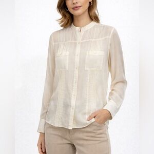 Charter Club Cream Sheer Silk Blouse Pintuck Button Front Long Sleeve Size 16